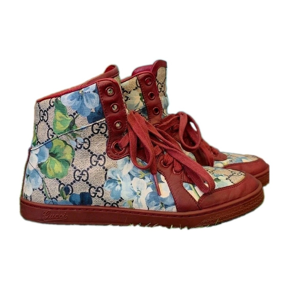 Gucci GG Blooms Floral High Top Sneakers Red Leather Canvas Shoes Size 37